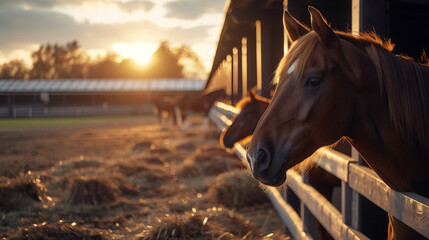 Horses in the stable against the setting sun at golden hour