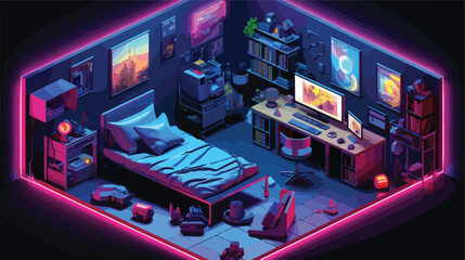 A gamers room with neon lightings 32 bit isometric