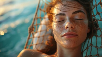 Close-up of serene face relaxing in a beach hammock minimalist - obrazy, fototapety, plakaty