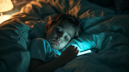 Child uses the phone in the dark in the room