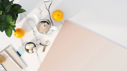 A white table with a tea pot, orange and plant on it, AI
