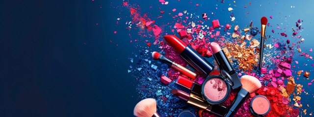 An artistic depiction of vibrant makeup products exploding in a display of color and glamour on a dark contrasting background - obrazy, fototapety, plakaty