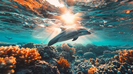 A dolphin swimming in the ocean over coral reefs, AI