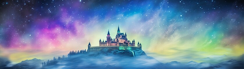 A watercolor of a medieval castle with satellite dishes under the aurora lights water color