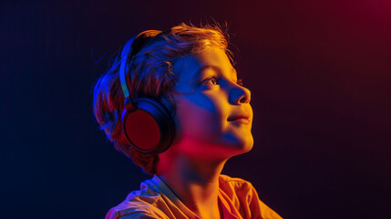 A little boy of 12 years old in headphones on a dark background with neon lighting, listening to music playing computer games