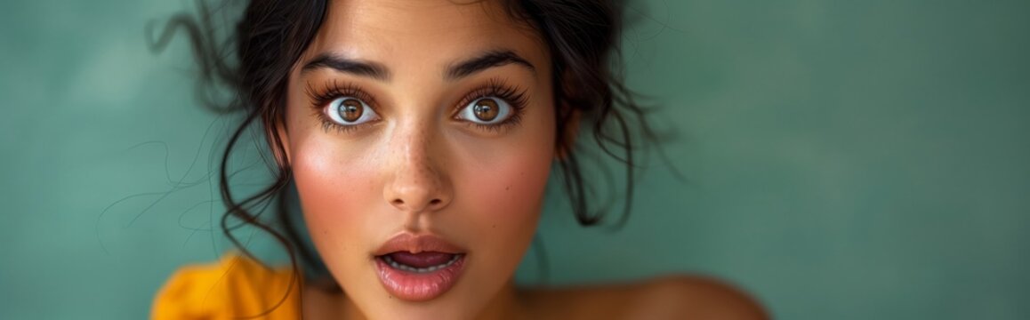 Close-up portrait of a young woman with stunning eyes: intense gaze of a beautiful young woman with expressive brown eyes and flowing hair