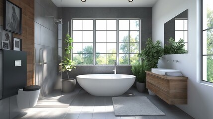 Fototapeta na wymiar Modern Spacious Bathroom Interior Design with Large Window and Green Plants