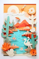 Desert oasis scene in paper cut minimalist cactus shapes vibrant sunset paper cut paper art minimal cute