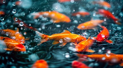 A group of goldfish swimming in a pond with raindrops, AI - obrazy, fototapety, plakaty