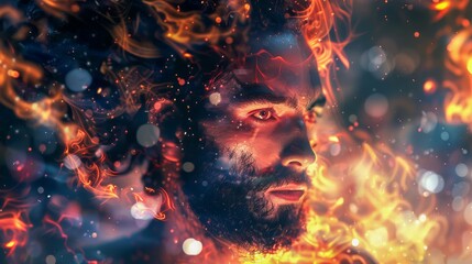 This striking image shows a man's face emerging from fiery depths, exuding a powerful and intense presence