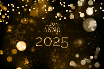 biglietto o banner per augurare un felice anno nuovo 2025 in oro su sfondo nero con cerchi dorati e bianchi con effetto bokeh