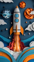 Minimalist paper cut space rocket, vibrant launch scene