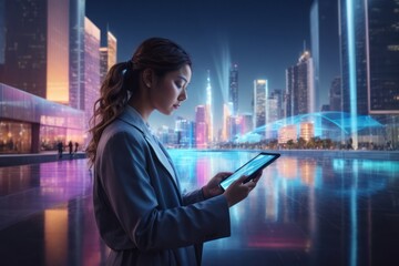 person hold digital tablet with hologram display of modern building illustration