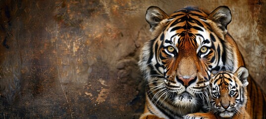 Majestic tiger and cub portrait with abundant space on the left for convenient text placement