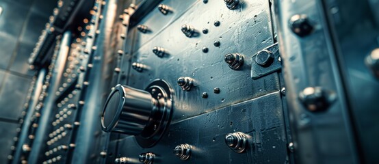 A macro shot that showcases the metallic texture and intricacy of a bank vault door highlighting security and strength
