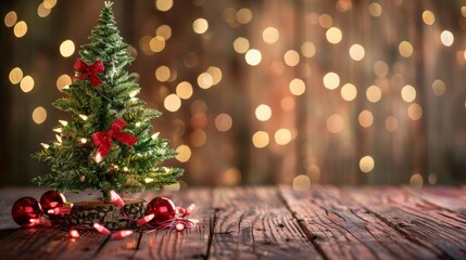 Fototapeta na wymiar Christmas background with xmas tree and sparkle bokeh lights on wooden canvas background. Merry