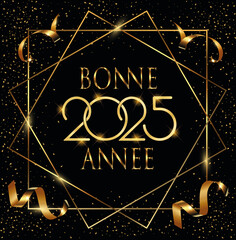 carte ou bandeau pour souhaiter une bonne année 2025 en or dans un carré et deux losange de couleur or sur un fond noir avec des paillettes et des serpentins de couleur or