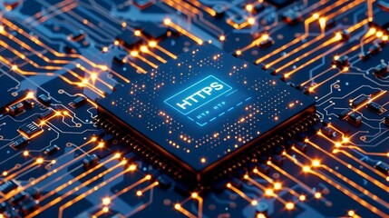 A close-up view with the acronym HTTPS displayed on a microchip, representing the concept of Hypertext Transfer Protocol Secure.
 - obrazy, fototapety, plakaty