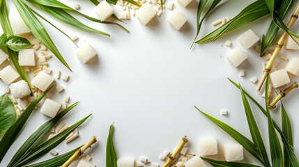 Cane sugar cubes with cane and leaves on a white background
