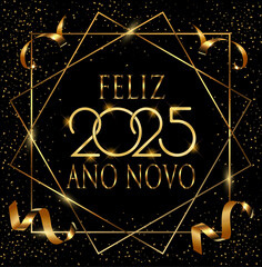 cartão ou banner para desejar um feliz ano novo 2025 em ouro em um quadrado e dois diamantes dourados sobre fundo preto com lantejoulas e serpentinas douradas