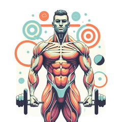 red white black modern style minimalist lines of a strong muscle pose strong body builder anatomy man at gym with bundle Doing exercises in all body positions using different gym equipment
 - obrazy, fototapety, plakaty