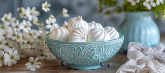 Professional food photography of meringue cookies on a kitchen table for enticing culinary visuals