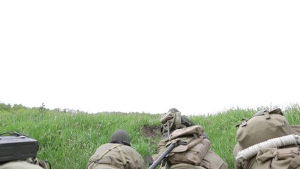WW2 soldiers training on hill with view of camp - camera rising