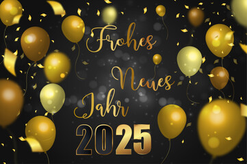 Karte oder Banner, um ein frohes neues Jahr 2025 zu wünschen, in Gold auf einem schwarzen Hintergrund mit Farbverlauf, mit weißen Kreisen im Bokeh-Effekt und goldfarbenen Luftschlangen auf jeder Seite