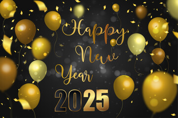 card or banner to wish a happy new year 2025 in gold on a black gradient background with white circles in bokeh effect and gold-colored streamers on each side of the balloons