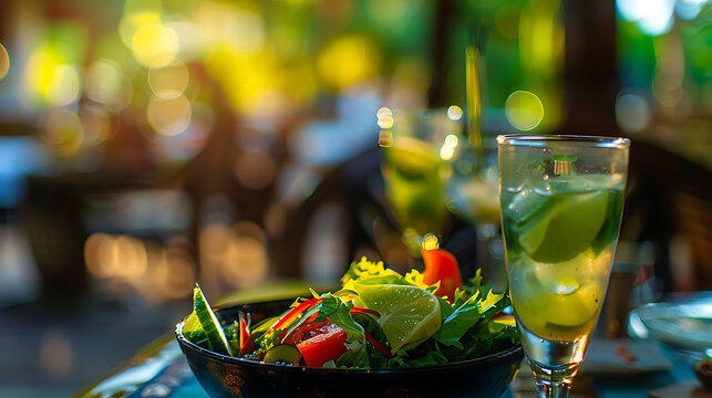 The image depicts a blurred scene with a focus on a salad and drinks placed on a table.