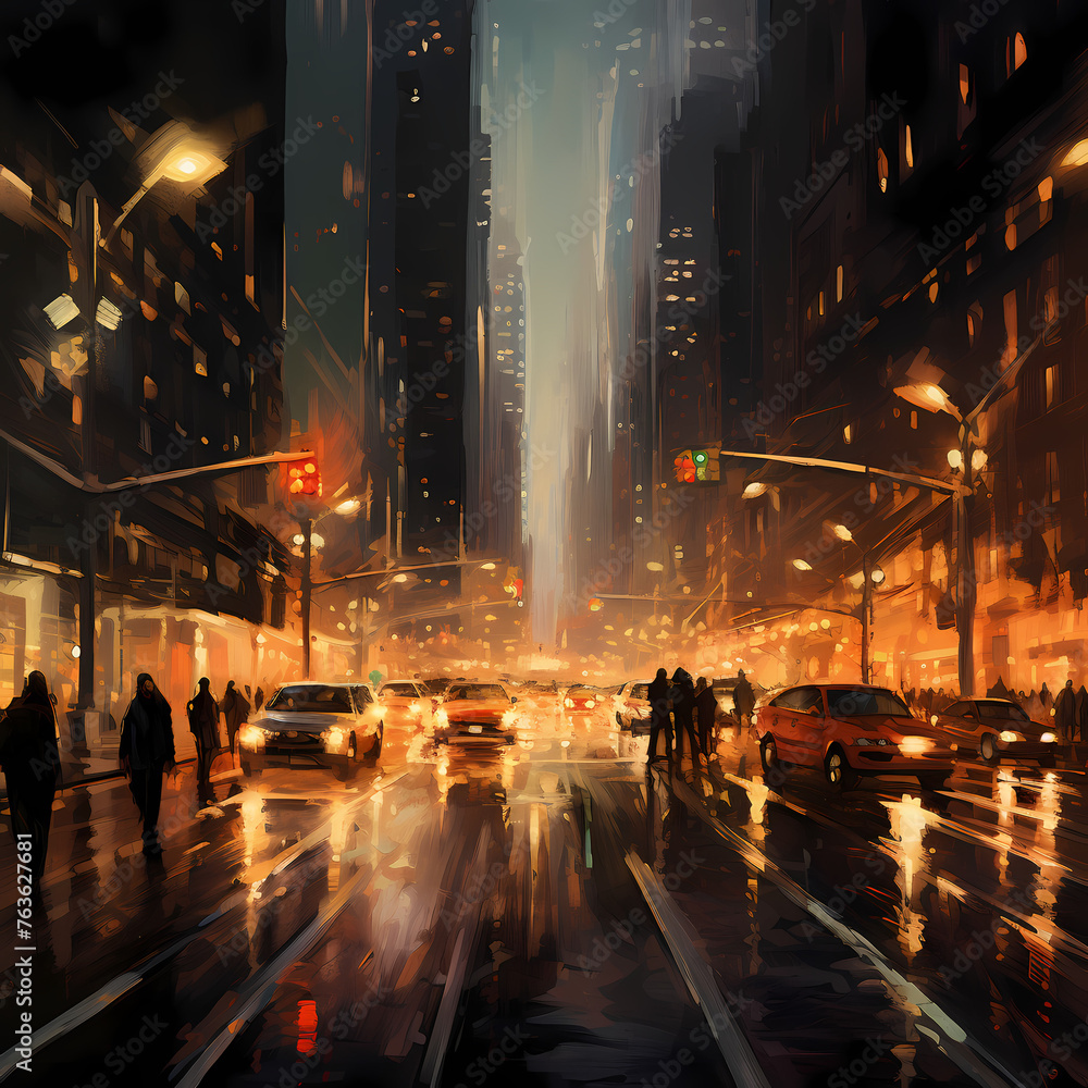 Canvas Prints A bustling city street with streaks of light from the street