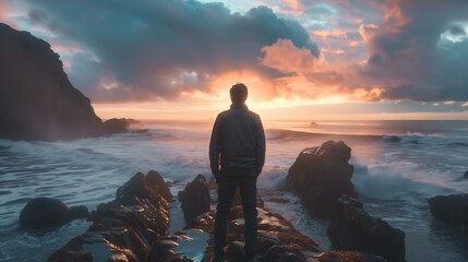 Majestic Sunset View with Contemplative Man Standing on Rocky Seashore