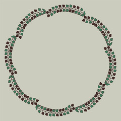 Round floral frame with stylized branches. Circular botanical border with merry leaves. Folk style.