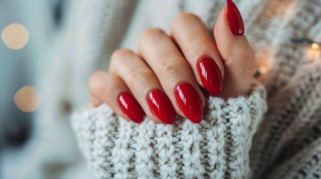 Close up of elegant woman s hand showcasing vibrant red nail polish on her beautiful fingernails