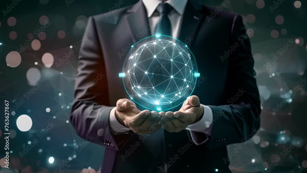 Poster businessman holding global network connection. big data analytics and business intelligence. world m