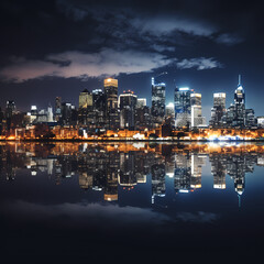 Fototapeta premium A city skyline at night with reflections in the water
