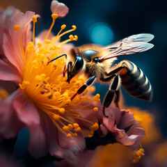 A close-up of a bee pollinating a flower.
