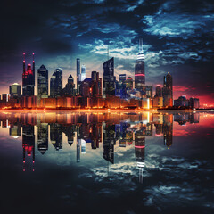 A city skyline at night with reflections in the water