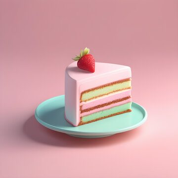 Cute 3D cake slcie icon in a cartoon clay style and soft pastel colors