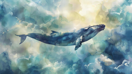 Serene Whale's Journey: A Watercolor Masterpiece of a Majestic Whale Gracefully Swimming among Dreamy Clouds - obrazy, fototapety, plakaty