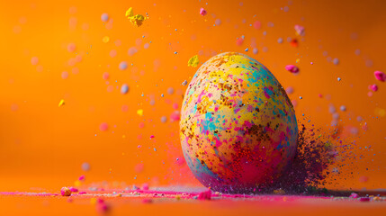 Easter Egg Amidst a Vibrant Color Splash: A Delightful Surprise on an Orange Backdrop - obrazy, fototapety, plakaty