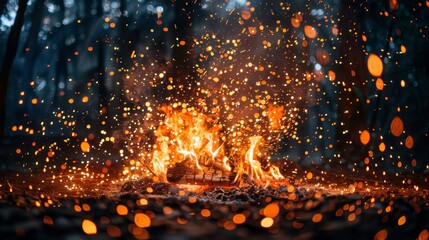 Nighttime campfire with flames and sparks illuminating a touristic campsite in the dark