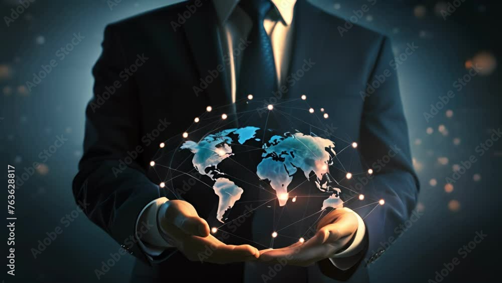 Poster businessman holding global network connection. big data analytics and business intelligence. world m
