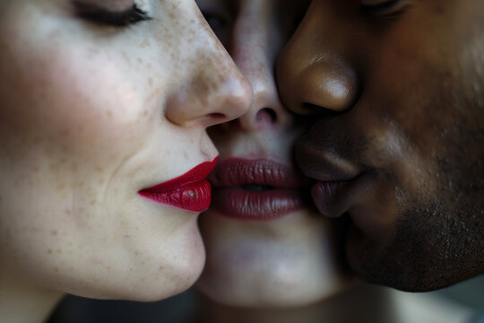 Three-way polyamorous kissing, one man and two interracial women in love in a proud lgbt lipstick threesome relationship