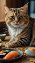 Curious Cat Examining Sushi Delicacies