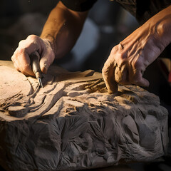 A close-up of a sculptor chiseling away at a stone chunk