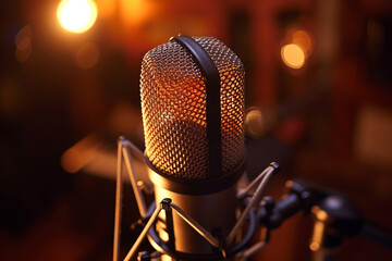 A condenser microphone with a patterned grille, bathed in soft, warm light, creating a cozy recording atmosphere.