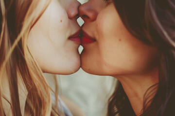 Romantic lesbian kissing, tender kissing between two young gay women proud of their love