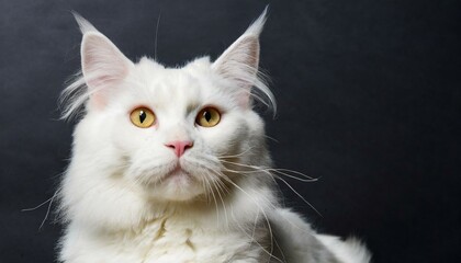 Portrait of domestic pure white Maine Coon cat with orange yellow eyes - 2 years old. Cute young cat laying with black background and looking at camera.