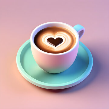 Cute 3D cup of coffee icon in a cartoon clay style and soft pastel colors